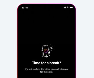 A tela que adolescentes receberão ao usar o Instagram de noite.