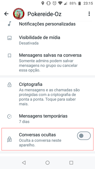 Após selecionar a conversa ou grupo, toque na opção de ocultar para iniciar o processo de esconder mensagens do WhatsApp.