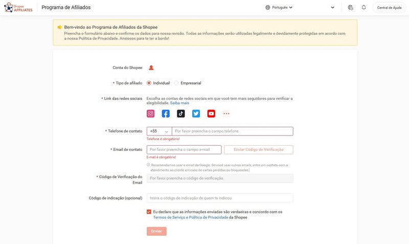É preciso enviar todos os seus dados para se cadastrar no programa Afiliados Shopee