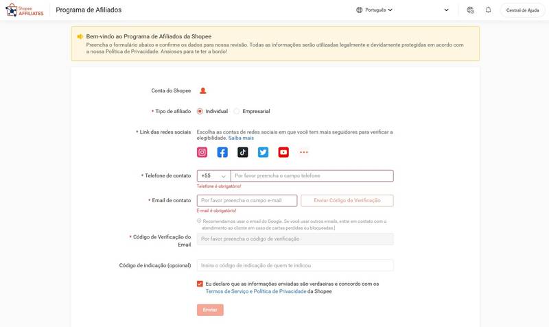 É preciso enviar todos os seus dados para se cadastrar no programa Afiliados Shopee