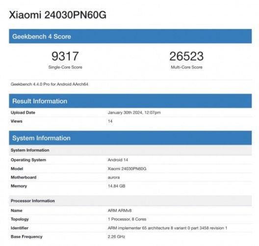 Resultado do teste Geekbench do Xiaomi 14 Ultra.