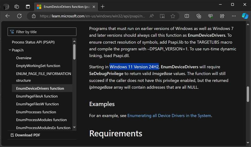 O trecho do documento menciona uma mudança estrutural do Windows 11 24H2.