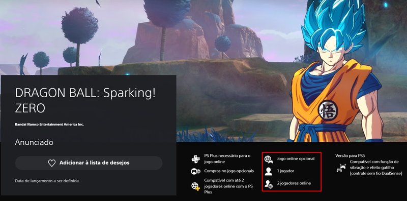 Página da PS Store confirmando que DBZ Sparking Zero será para apenas um jogador no offline.