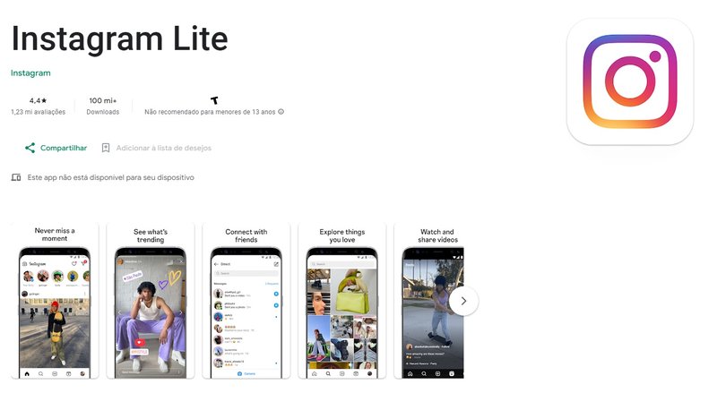 O Instagram Lite ocupa menos espaço que o app normal