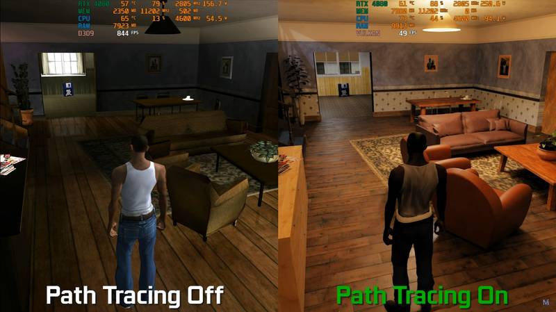 Comparativo de GTA San Andreas rodando sem e com o mod de ray tracing da NVIDIA.