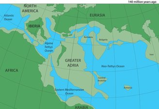 The illustration shows what the continent of Greater Adria looked like 140 million years ago.