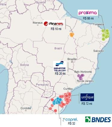 A distribuição geográfica dos projetos aprovados para receber verba do Fust até agora.