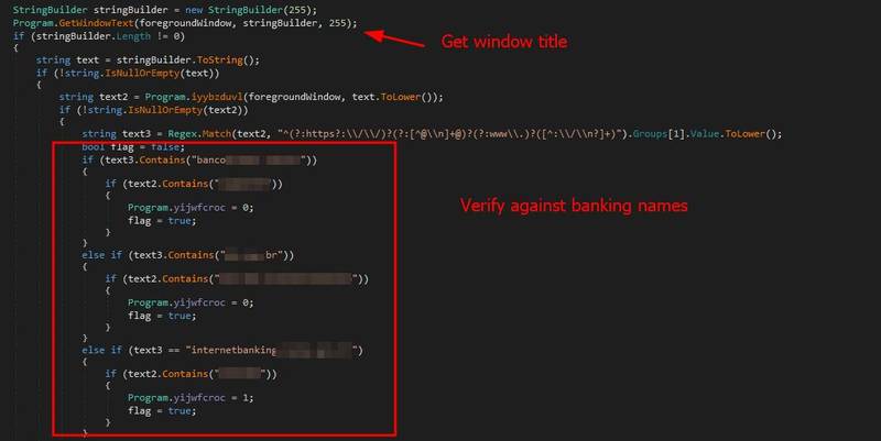 O código do malware com o identificador de nomes de banco para coletar dados.