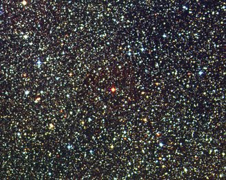 A vizinhança estelar do Sol. Proxima Centauri é a estrela vermelha ao centro.