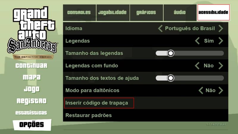 Siga as instruções acima para chegar ao lugar onde insere os códigos de GTA San Andreas no celular.