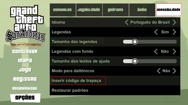 Siga as instruções acima para chegar ao lugar onde insere os códigos de GTA San Andreas no celular.