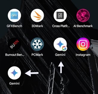 O app do Gemini (na parte inferior) e o Google Assistente remodelado, ainda com a logo da empresa.