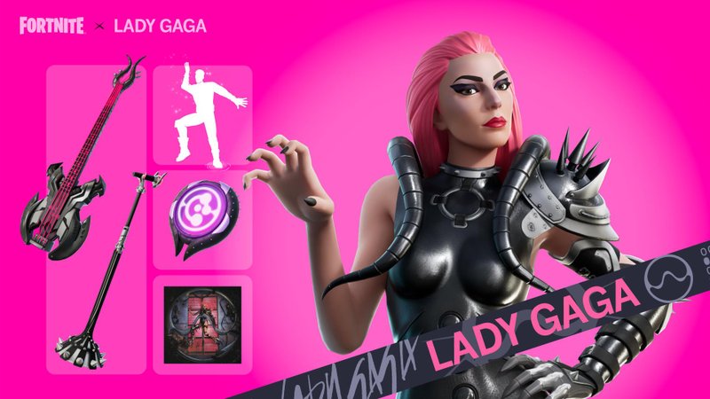 Lady Gaga aparece trajada com looks usados na era do disco “Chromatica” (2020) no universo de “Fortnite Festival: Liberte Seu Talento”.