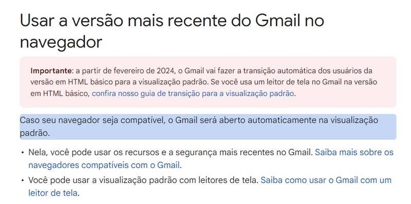 O recado da Google sobre o fim do HTML básico, que perde suporte neste mês.