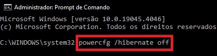 Digite o comando no Prompt para desativar o Modo de Hibernação