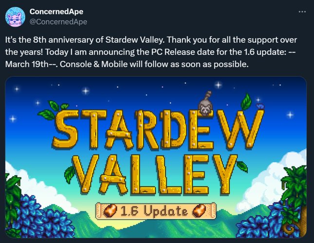 Publicação de ConcernedApe no X sobre a Atualização 1.6 de Stardew Valley.