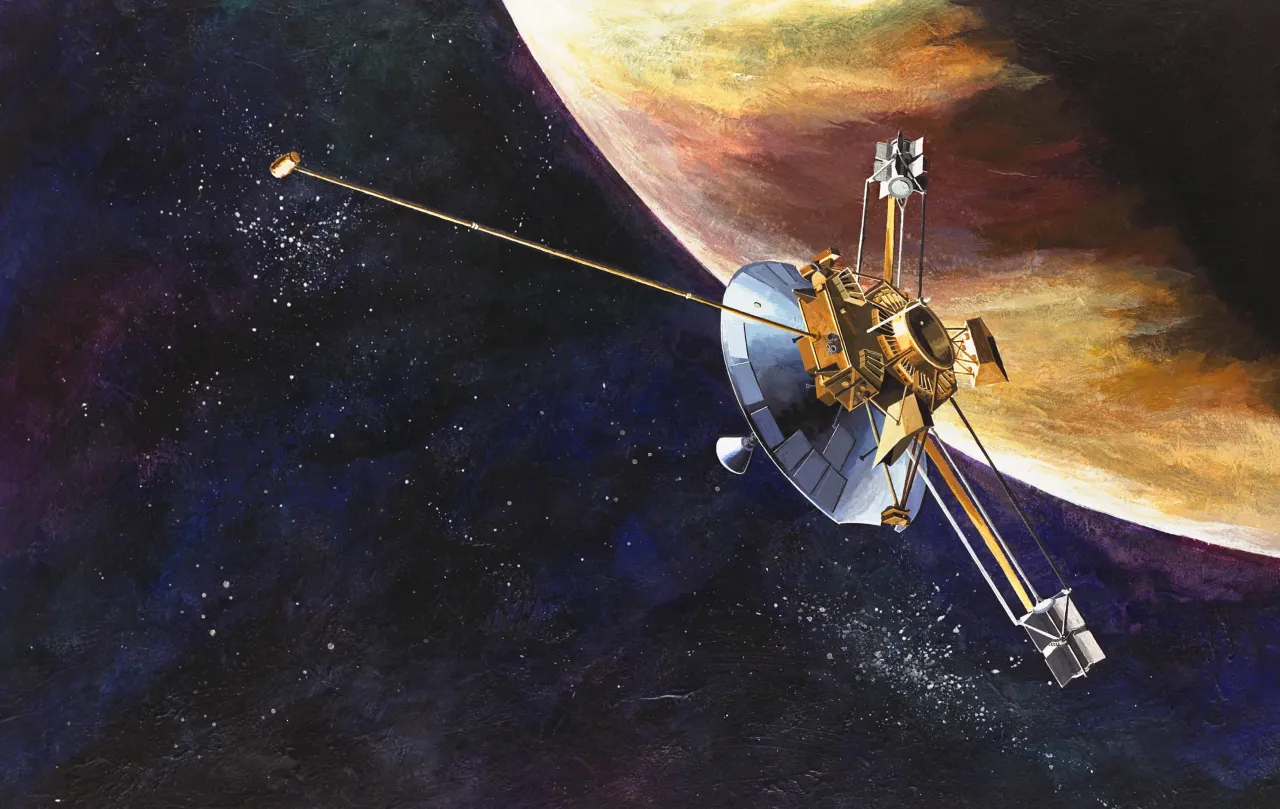 Representação artística da aproximação da Pioneer 10 de Júpiter.