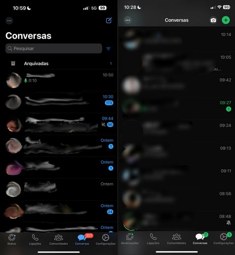 A interface com cor azul do WhatsApp (à esquerda) é substituída gradativamente para o padrão na paleta verde (à direita).