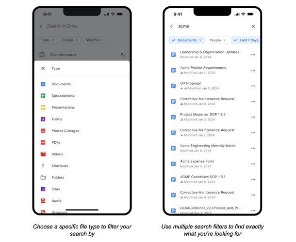 Alguns dos novos filtros de pesquisa no app do Google Drive.