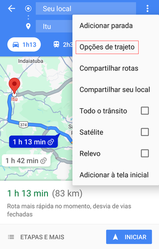 Tap Route options to access filters.  (Source: TecMundo/Reproduction)