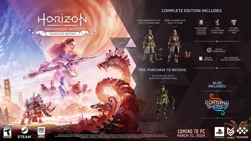 Lista de conteúdos inclusos na versão Complete Edition de Horizon Forbidden West, assim como o set extra que pode ser garantido através da pré-venda do jogo na Steam ou na Epic Games.