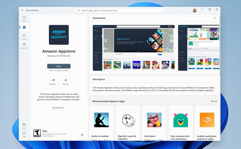 A loja de apps Android da Amazon dentro do Windows 11.