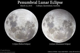 A imagem mostra o eclipse lunar penumbral que ocorreu em março de 2016; no lado direito é apresentado o máximo lunar do evento.