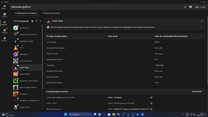 Configurações dos jogos no NVIDA App
