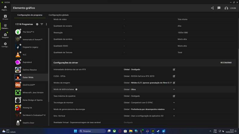 Configurações de driver integrado no NVIDA App