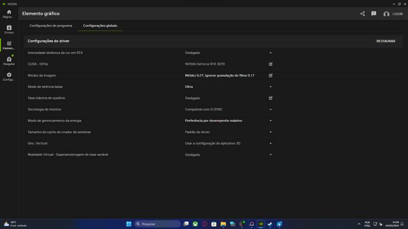 Configurações gerais de driver do Painel de Controle no NVIDIA App