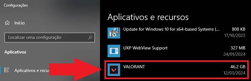 Deslize a tela até achar o Valorant entre os programas da lista