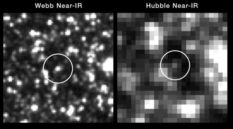 A imagem apresenta uma comparação das observações do Hubble e do Webb de uma estrela supergigante amarela (Cefeida).