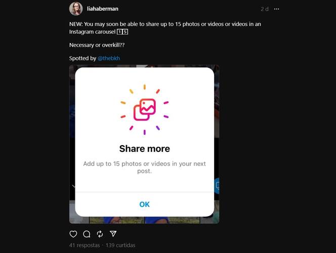A notificação do Instagram sobre o novo limite de imagens.