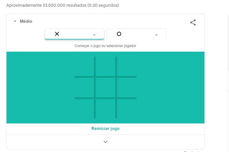 Tela em que é possível se divertir com o jogo da velha do Google. (Fonte: TecMundo/Reprodução)