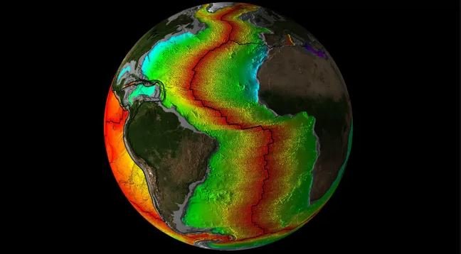 O vermelho apresenta a crosta mais nova abaixo do Oceano Atlântico, já o azul mostra as áreas das crostas mais antigas.