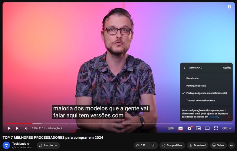 A legenda automática do YouTube no site da plataforma.