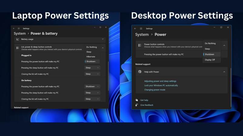 O app Configurações agora contém opções de ajustes finos para gerenciamento de energia em notebooks.