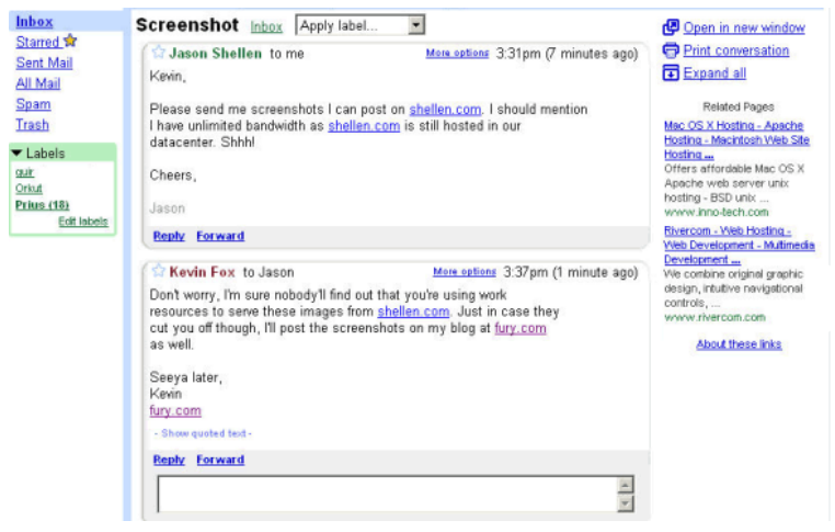 A antiga interface do Gmail era simples, mas trazia modernidades, como o encadeamento de mensagens. (Imagem: Reprodução/The Verge)