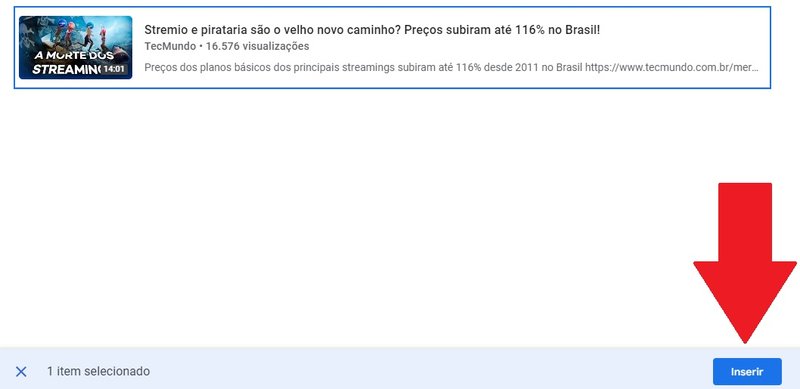 É preciso clicar em "Inserir" para que ele seja enviado para o seu slide