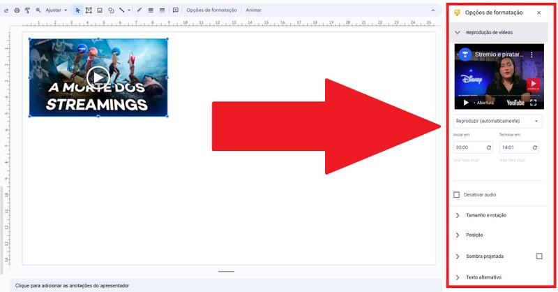 Você pode fazer uma série de ajustes para a reprodução do vídeo em seu slide