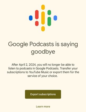 Mensagem alertando sobre o fim do Google Podcasts nos EUA. (Imagem: Reprodução/BleepingComputer)