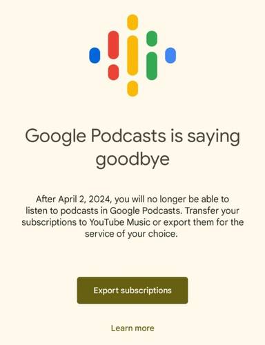 Mensagem alertando sobre o fim do Google Podcasts nos EUA. (Imagem: Reprodução/BleepingComputer)