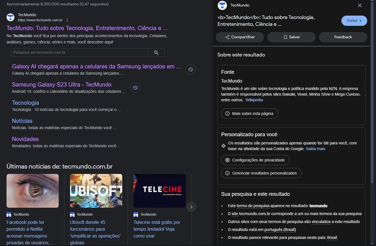 O "Sobre esta página" fornece detalhes adicionais do site antes de você visitá-lo. (Imagem: Reprodução/TecMundo)