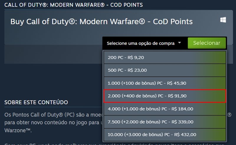 Preço de cada pacote de CoD Points na Steam.