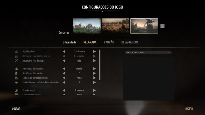 Há uma série de opções para configurar a partida antes dela começar