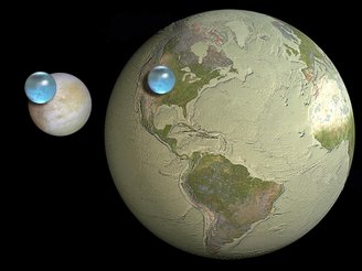 Comparação da quantidade de água presente na Terra e em Europa (acima à esquerda).