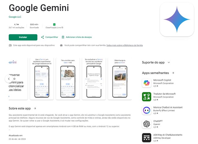 A página do Gemini na loja de apps do Android.