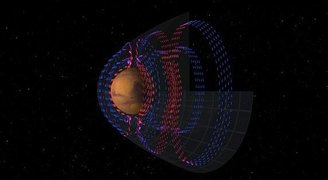 A imagem apresenta as correntes eletromagnéticas que sobraram ao redor de Marte, fracas o suficiente para não proteger o planeta contra os ventos solares.