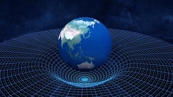 Representação gráfica do espaço-tempo na teoria da relatividade geral de Einstein.