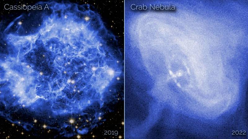 Na imagem, Cassiopeia A é apresentada à esquerda; a Nebulosa do Caranguejo está à direita.